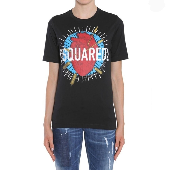 DSQUARED2 Tee Anatomical Heart Graphics Short Sleeve Rounded Collar Black M NWT - Picture 2 of 16
